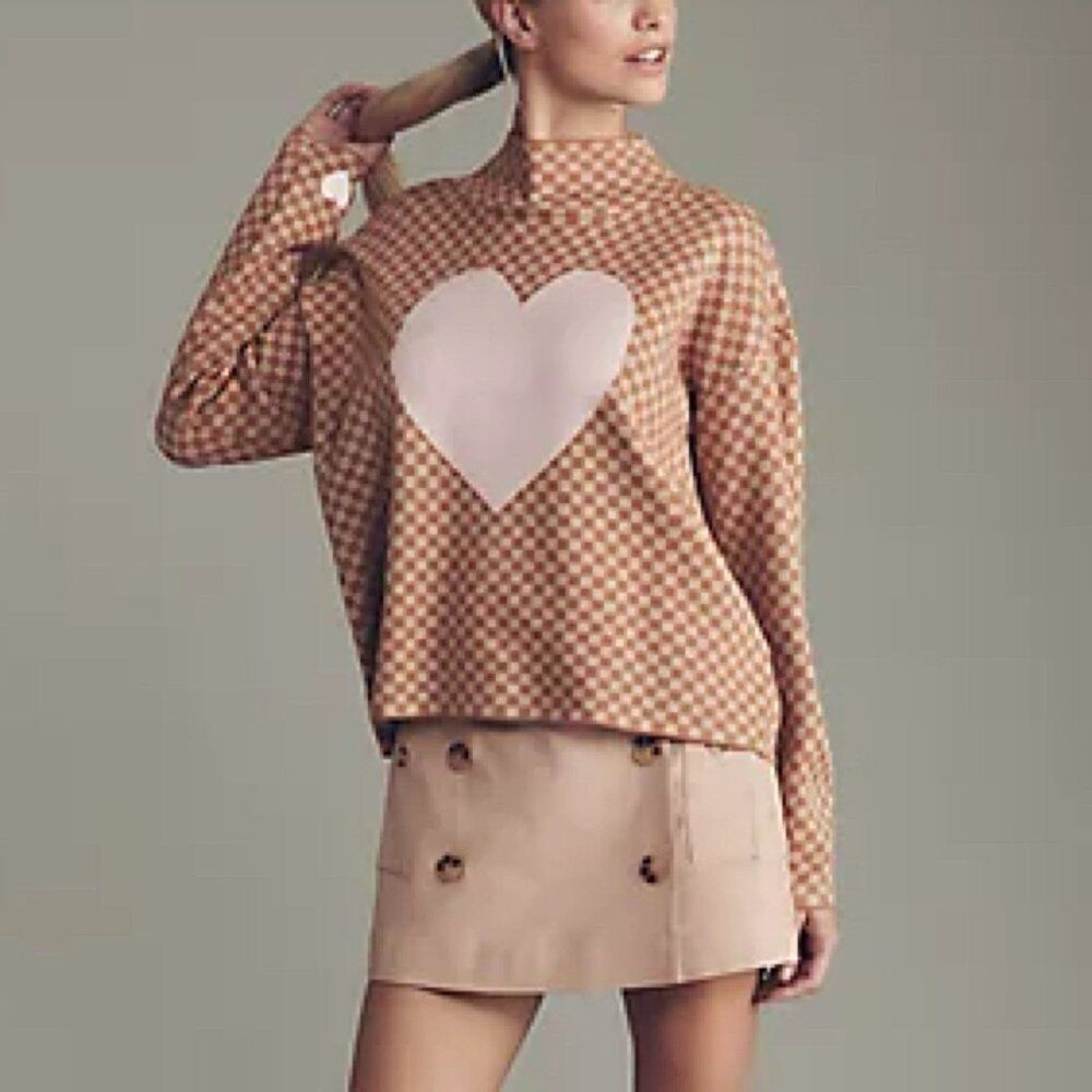 Anthropologie Maeve CARYS Mock Neck Sweater Womens XL Heart Checked Oversized